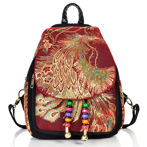 Veowalk Peacock Embroidered Canvas Backpack for Women