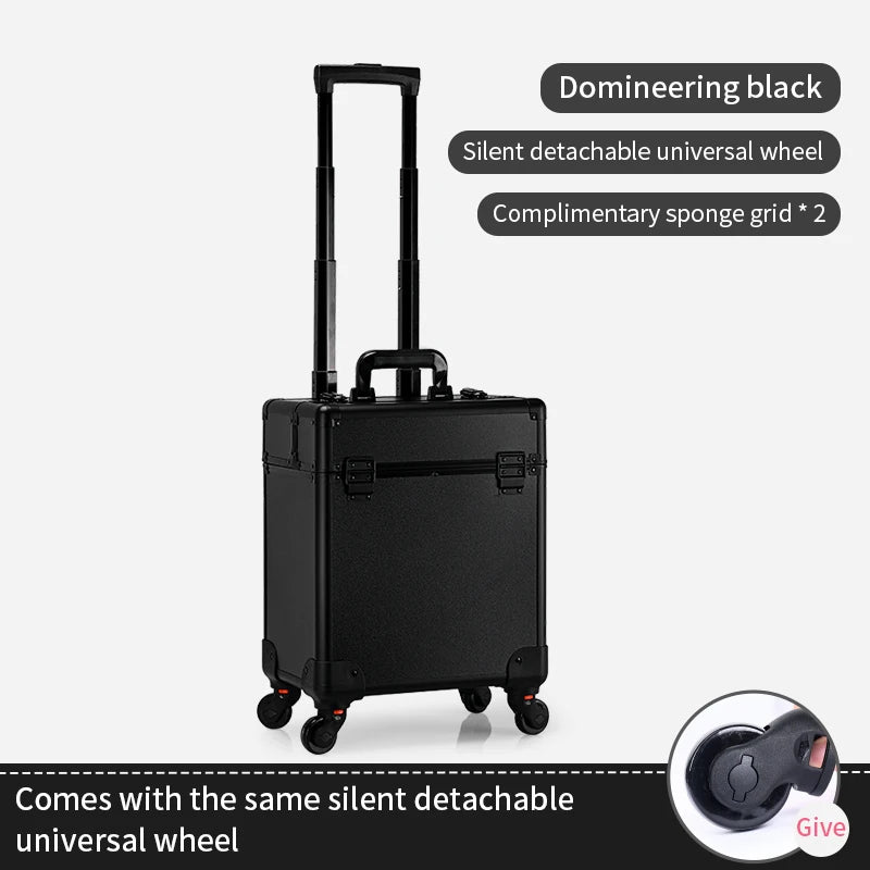 Professional Aluminum Rolling Makeup Case - Lockable Cosmetic Organizer with Trays
