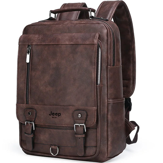 JEEP BULUO Premium Leather Business Backpack - 15.6" Laptop Travel Bag