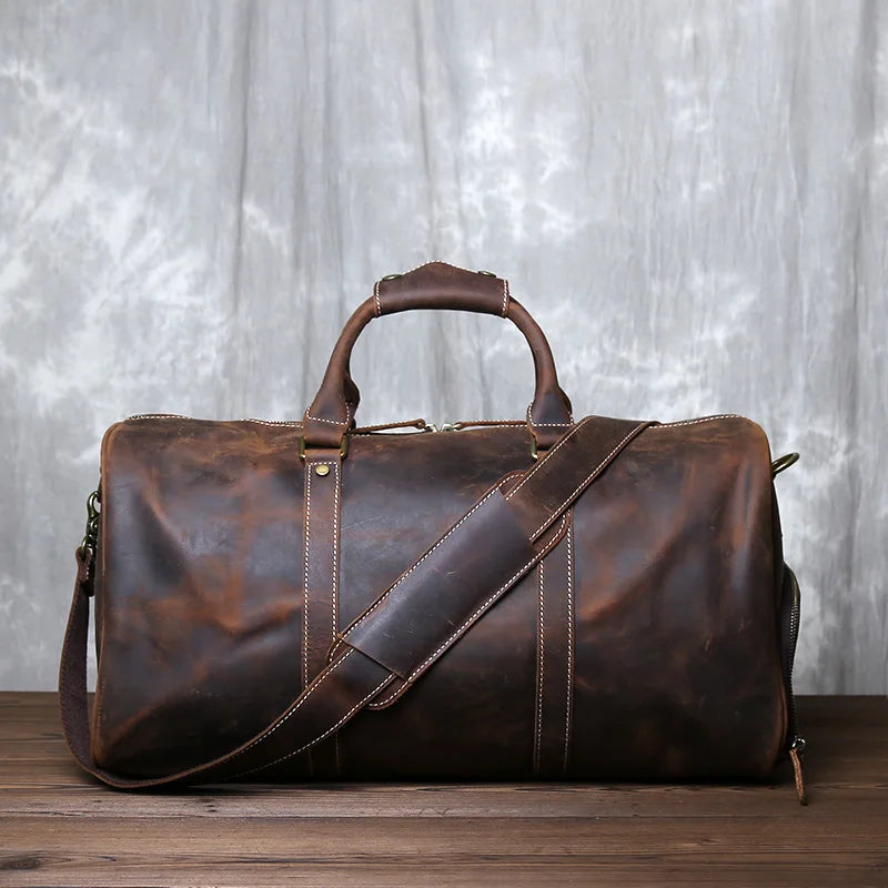 Vintage Leather Travel Duffle Bag - Genuine Cowhide Weekender with Laptop Compartment