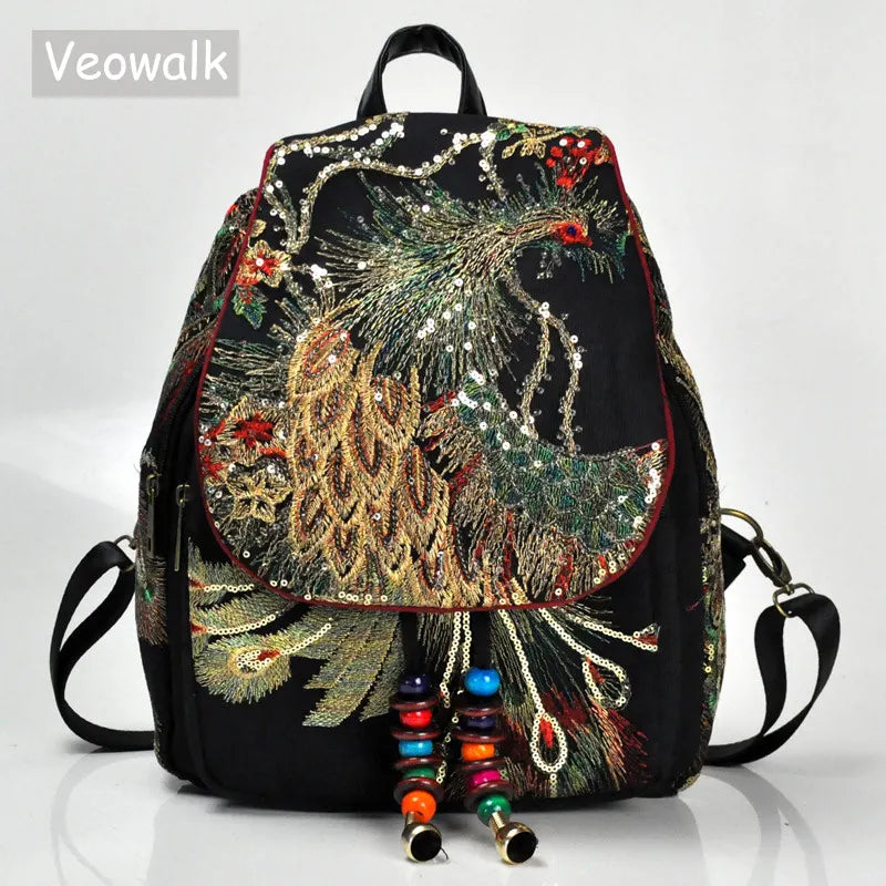 Veowalk Peacock Embroidered Canvas Backpack for Women