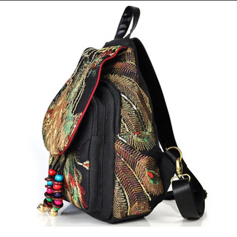 Veowalk Peacock Embroidered Canvas Backpack for Women