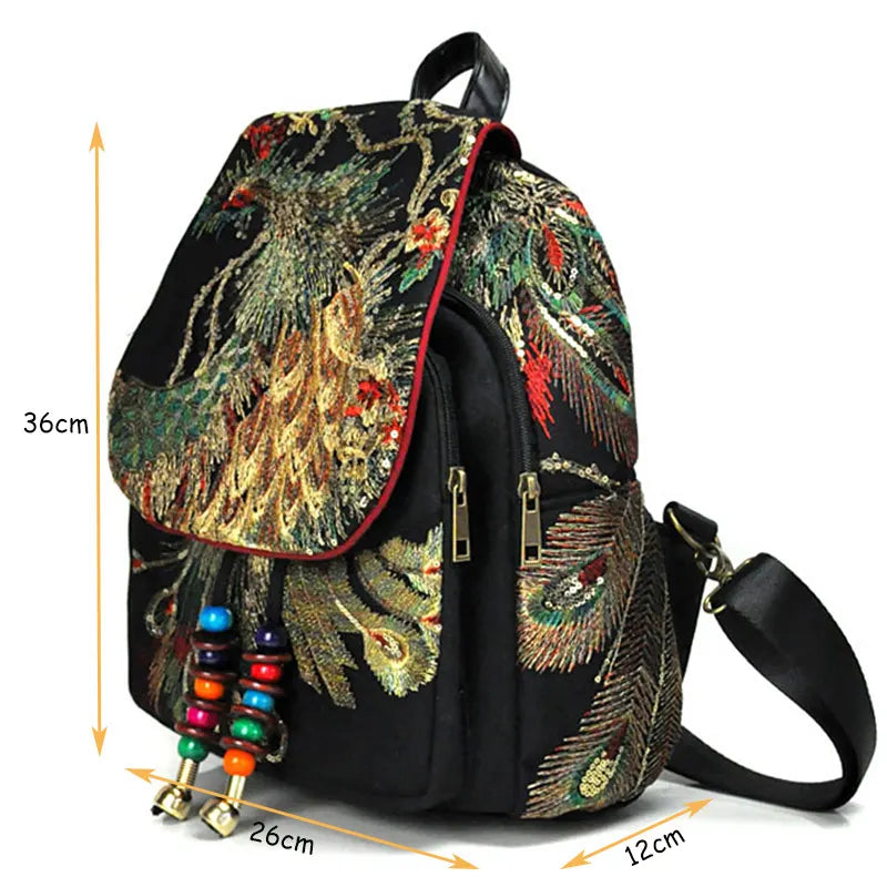 Veowalk Peacock Embroidered Canvas Backpack for Women