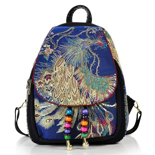 Veowalk Peacock Embroidered Canvas Backpack for Women
