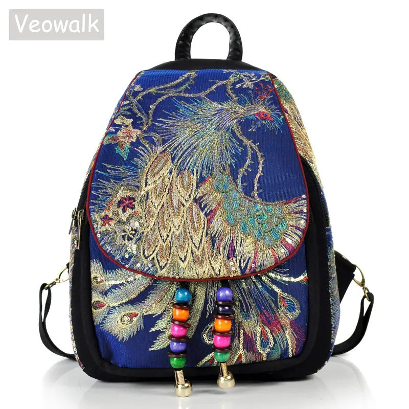 Veowalk Peacock Embroidered Canvas Backpack for Women