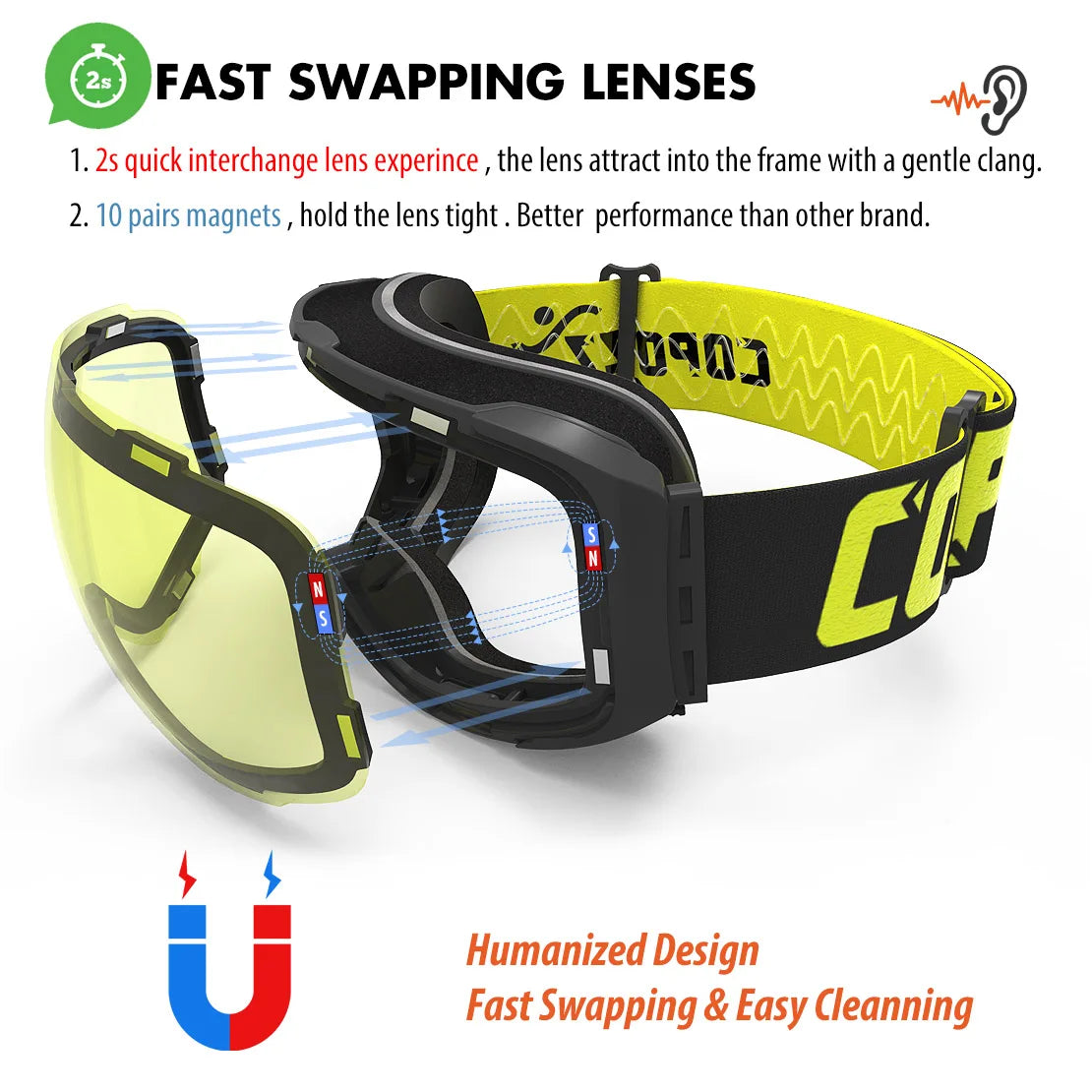 COPOZZ Magnetic Ski Goggles - UV400 Protection with Quick-Change Lens System