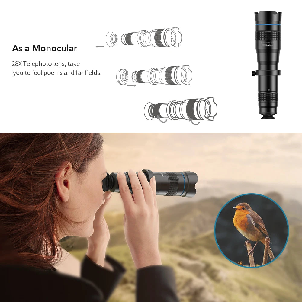 APEXEL 28X HD Telephoto Zoom Lens with Mini Tripod for Smartphones
