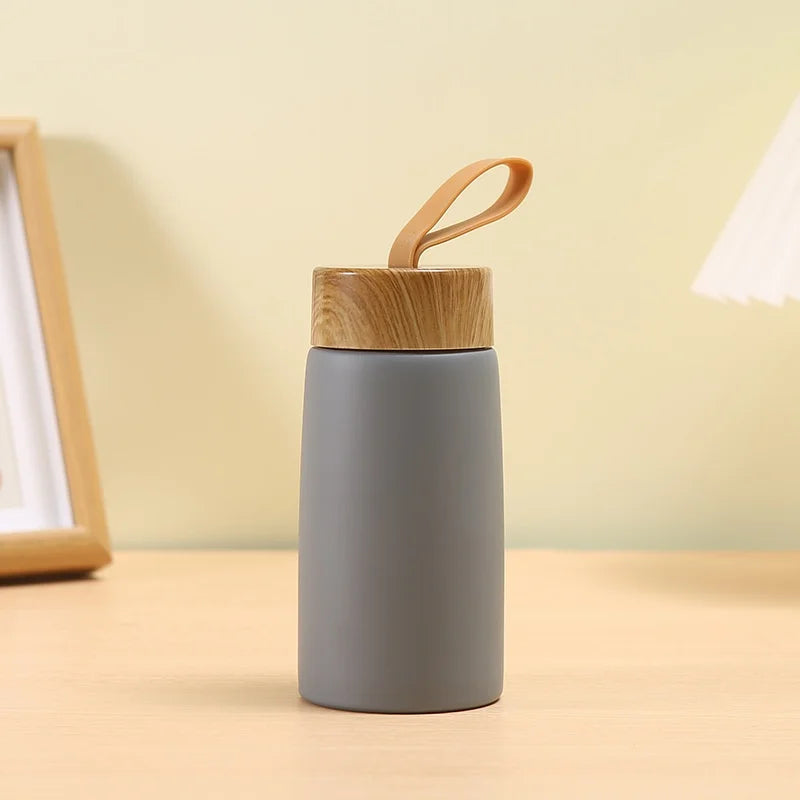 Mini Stainless Steel Thermos Cup with Wood Grain Lid - 280ml Portable Vacuum Insulated Water Bottle