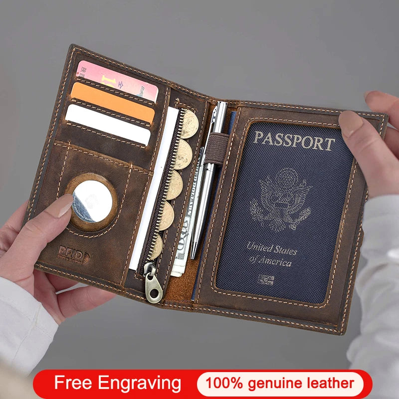 Genuine Leather Passport Wallet with AirTag Slot - Travel Organizer