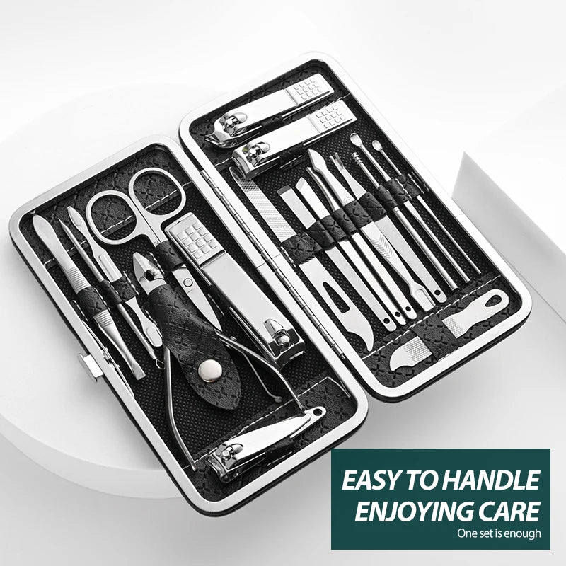 Professional 19-Piece Nail Care & Grooming Set with Leather Case