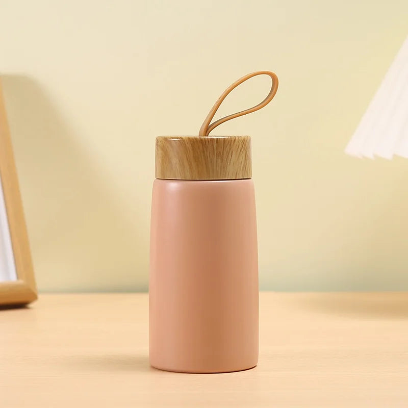 Mini Stainless Steel Thermos Cup with Wood Grain Lid - 280ml Portable Vacuum Insulated Water Bottle