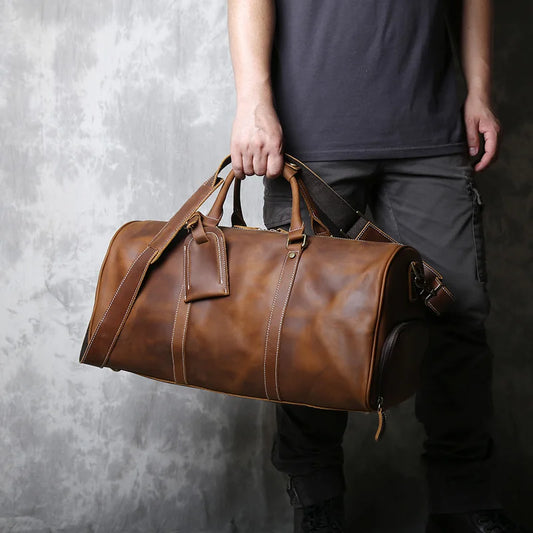 Vintage Leather Travel Duffle Bag - Genuine Cowhide Weekender with Laptop Compartment