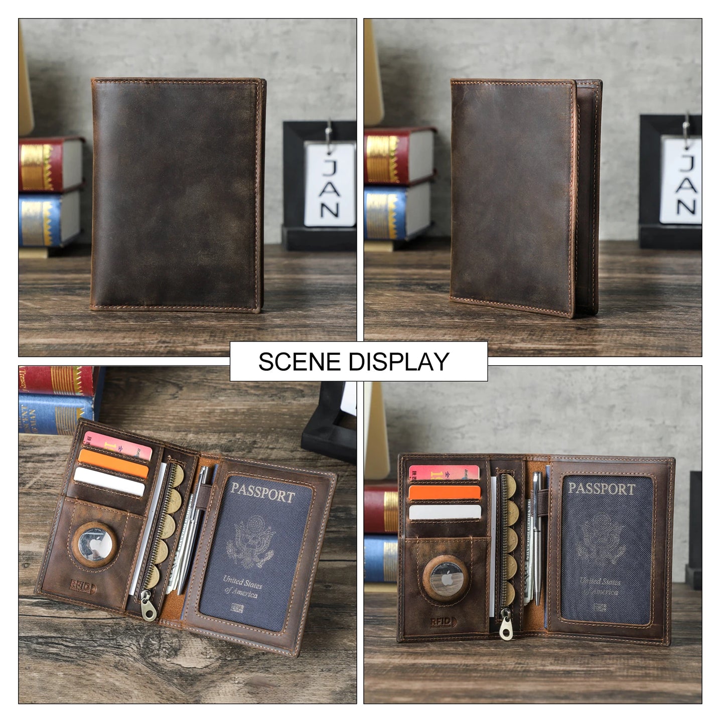Genuine Leather Passport Wallet with AirTag Slot - Travel Organizer