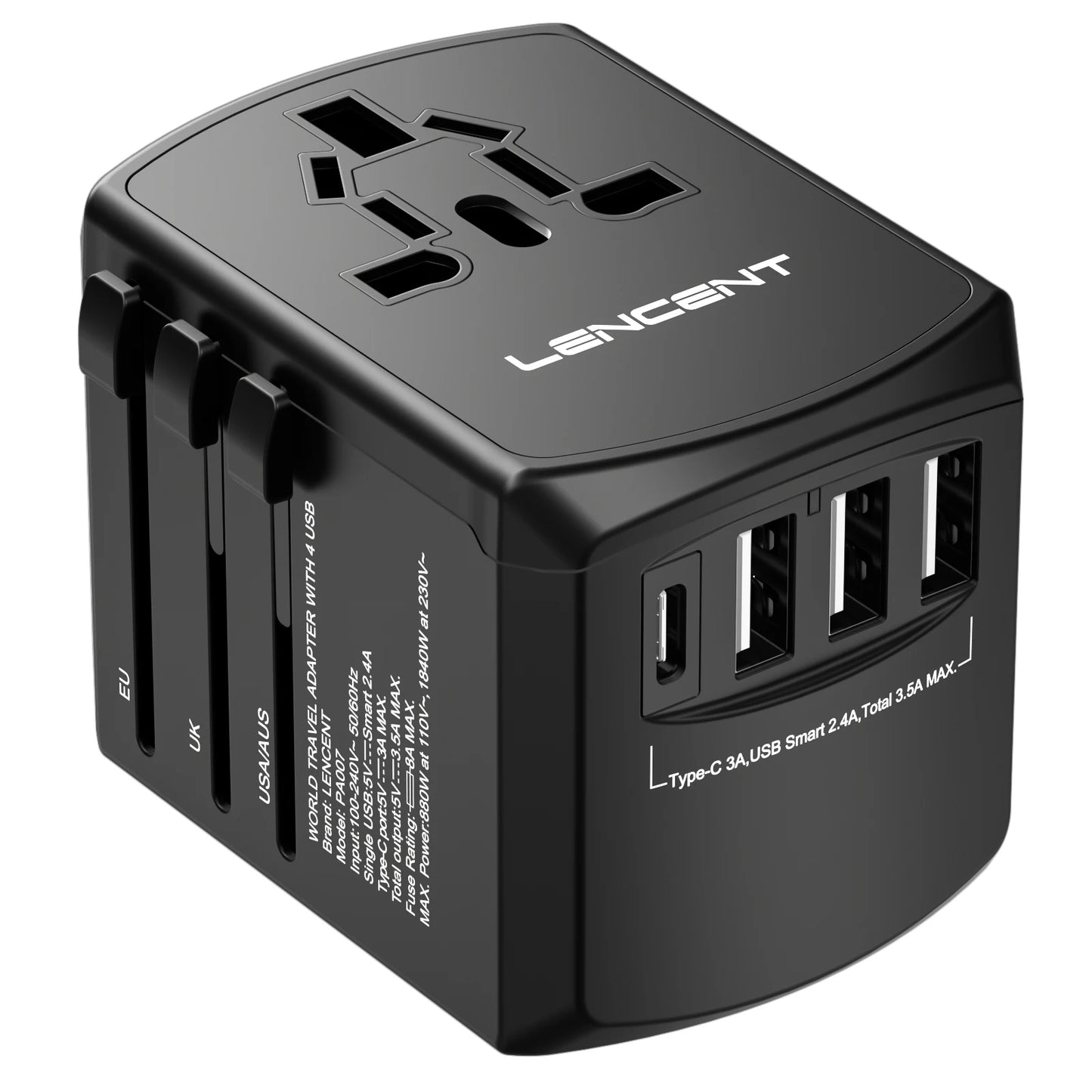 LENCENT Universal Travel Adapter - All-in-One International Power Adapter with 3 USB Ports & Type-C