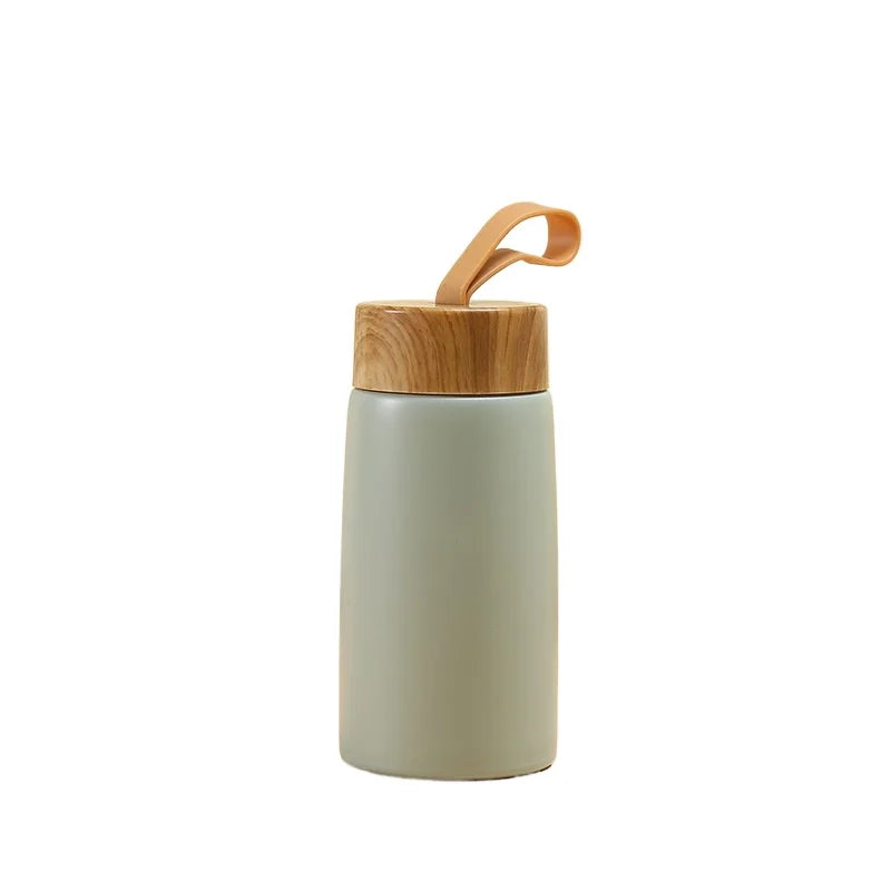 Mini Stainless Steel Thermos Cup with Wood Grain Lid - 280ml Portable Vacuum Insulated Water Bottle