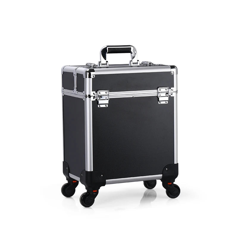 Professional Aluminum Rolling Makeup Case - Lockable Cosmetic Organizer with Trays