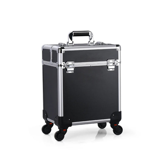 Professional Aluminum Rolling Makeup Case - Lockable Cosmetic Organizer with Trays