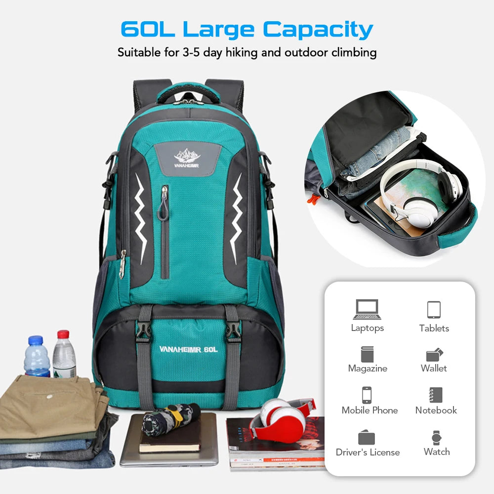 60L Water-Resistant Hiking Backpack - Professional Outdoor Camping Pack