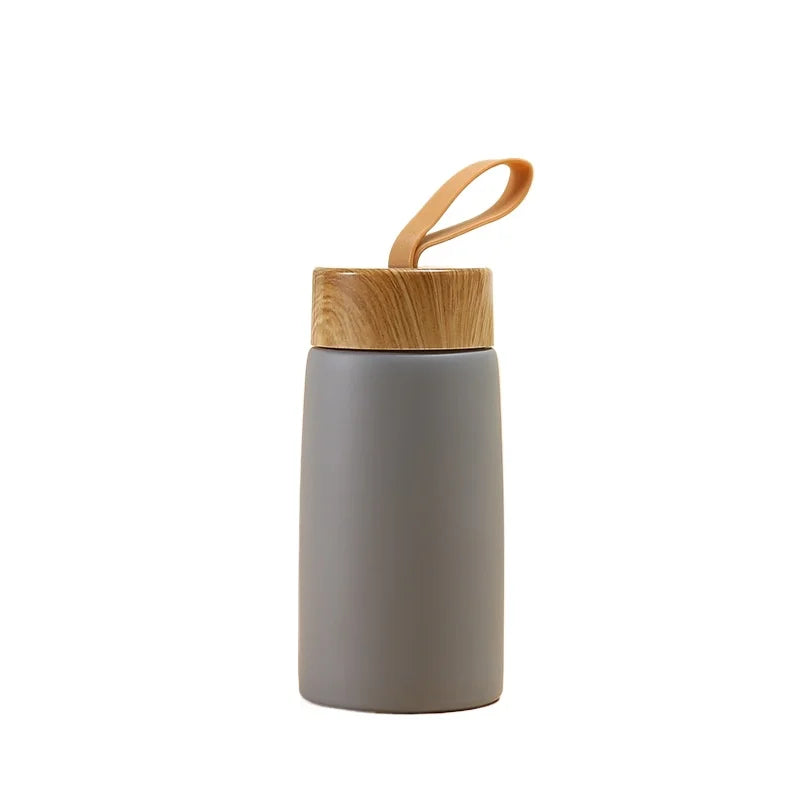 Mini Stainless Steel Thermos Cup with Wood Grain Lid - 280ml Portable Vacuum Insulated Water Bottle