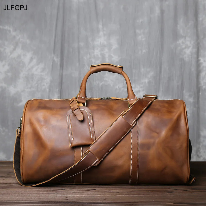 Vintage Leather Travel Duffle Bag - Genuine Cowhide Weekender with Laptop Compartment