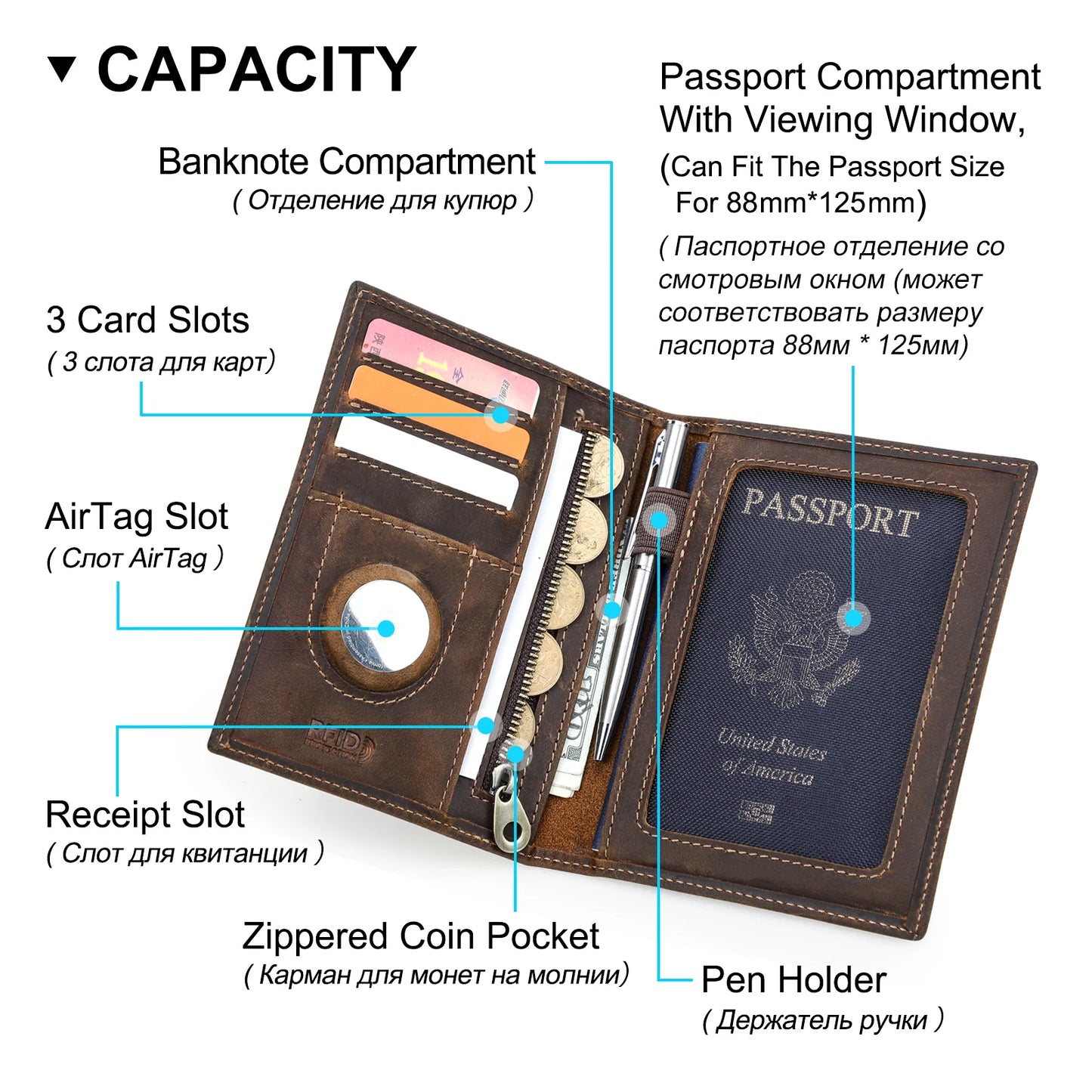 Genuine Leather Passport Wallet with AirTag Slot - Travel Organizer