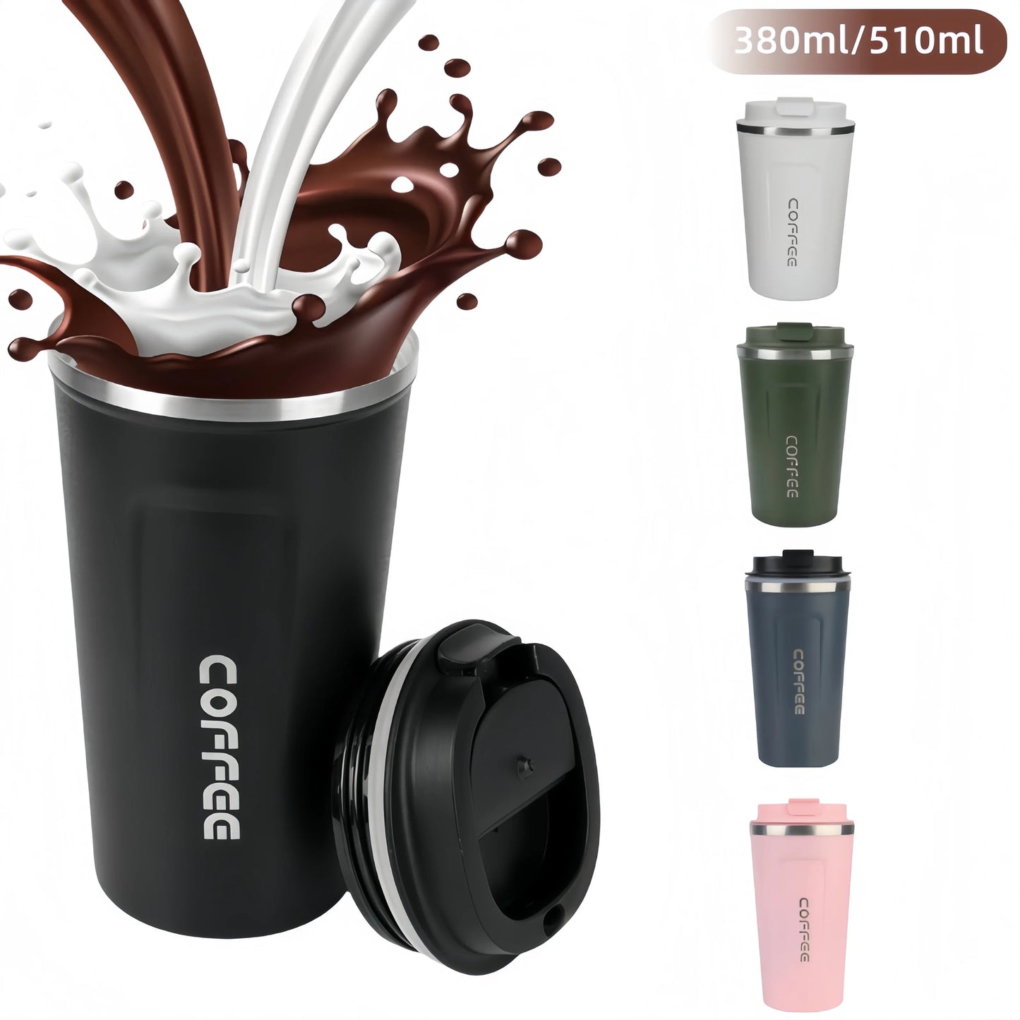 Stainless Steel Insulated Thermos Mug - Leakproof Travel Coffee & Tea Cup (380ml/510ml)