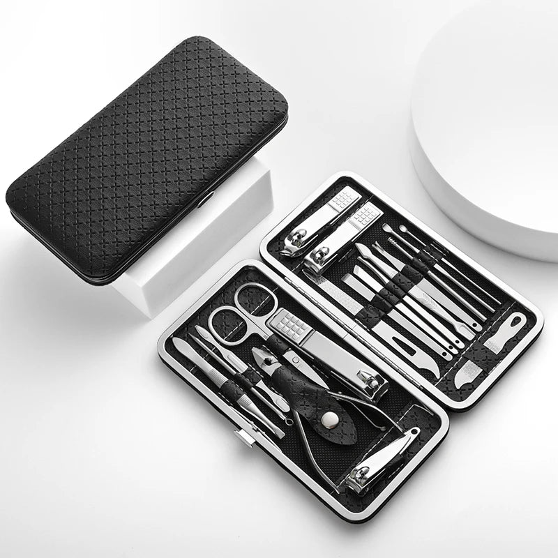 Professional 19-Piece Nail Care & Grooming Set with Leather Case