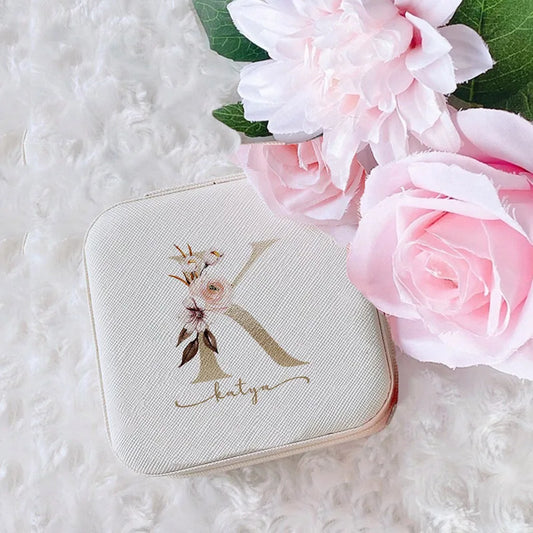 Personalized Leather Travel Jewelry Case - Custom Name Zipper Jewelry Box for Women