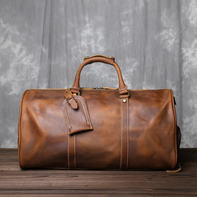 Vintage Leather Travel Duffle Bag - Genuine Cowhide Weekender with Laptop Compartment