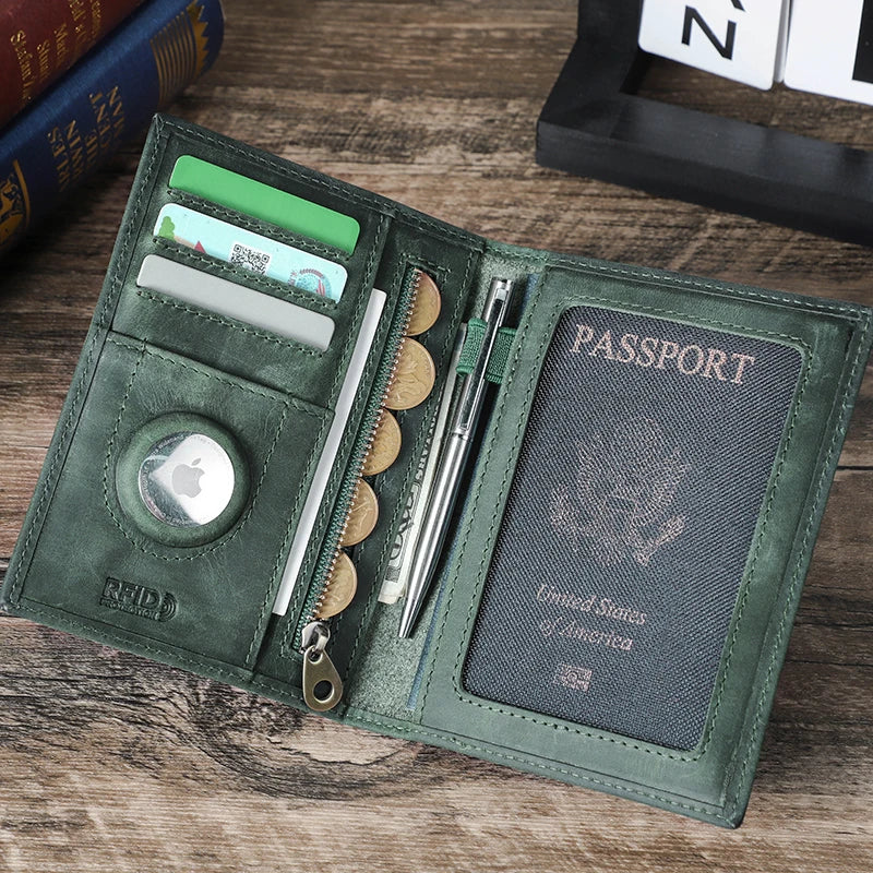 Genuine Leather Passport Wallet with AirTag Slot - Travel Organizer