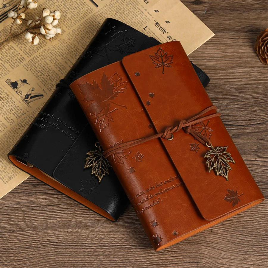 Vintage Leather Travel Journal - Spiral Ring Diary with Kraft Paper