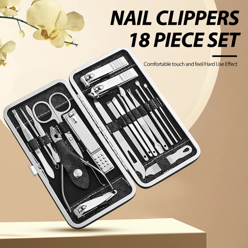 Professional 19-Piece Nail Care & Grooming Set with Leather Case