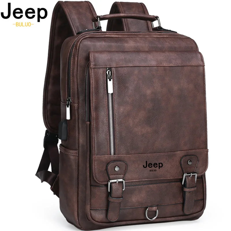 JEEP BULUO Premium Leather Business Backpack - 15.6" Laptop Travel Bag