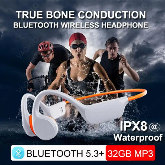 VAORLO Bone Conduction Bluetooth 5.3 Headphones - IPX8 Waterproof with 32GB MP3 Player