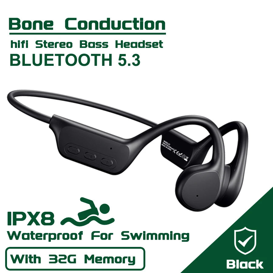 VAORLO Bone Conduction Bluetooth 5.3 Headphones - IPX8 Waterproof with 32GB MP3 Player