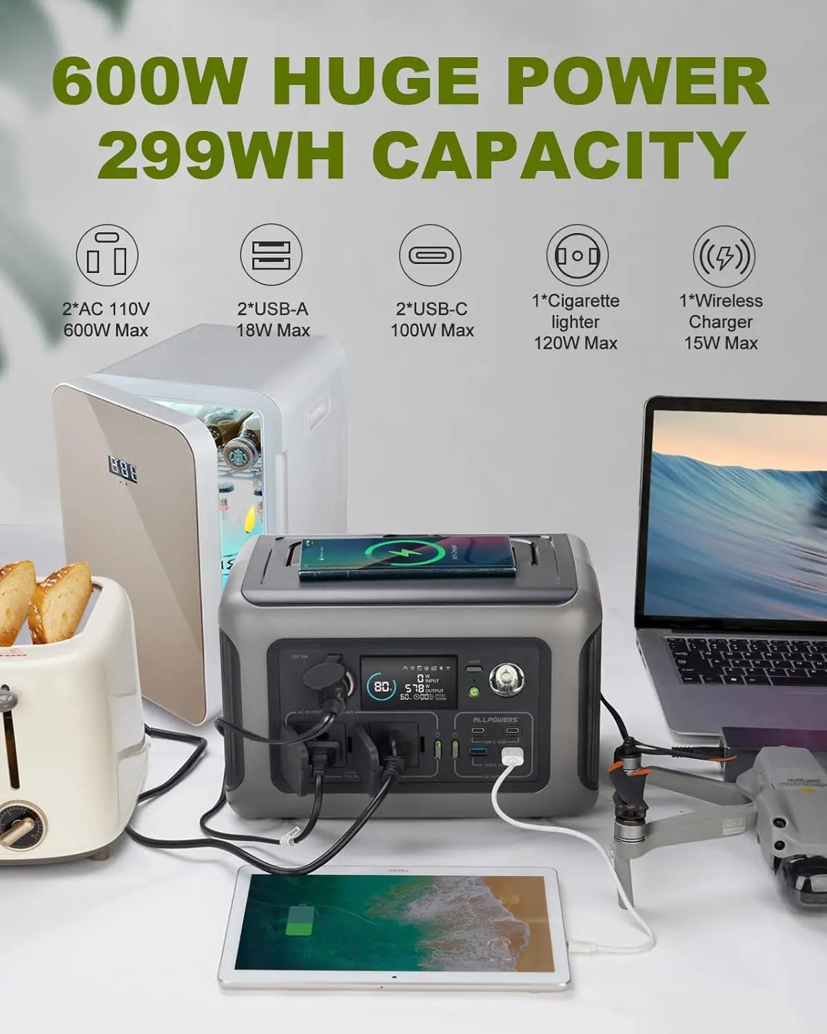ALLPOWERS R600 Portable Power Station - 299Wh LiFePO4 Battery, 600W AC Output