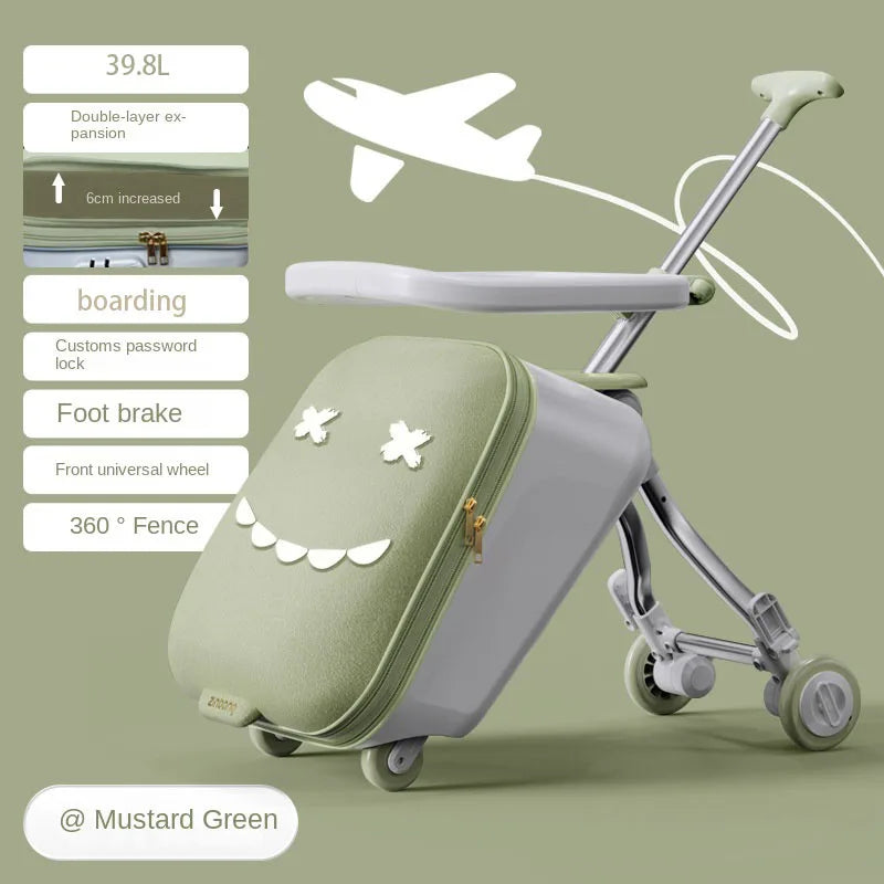 Children's Ride-On Luggage with Brake Wheels - 39.8L Foldable Travel Suitcase