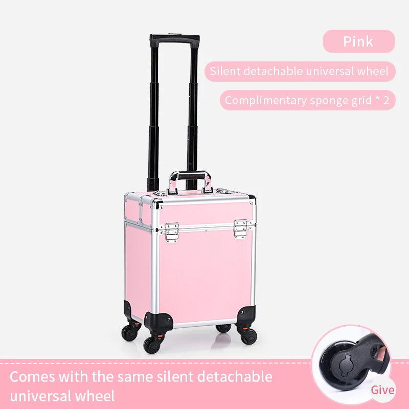 Professional Aluminum Rolling Makeup Case - Lockable Cosmetic Organizer with Trays