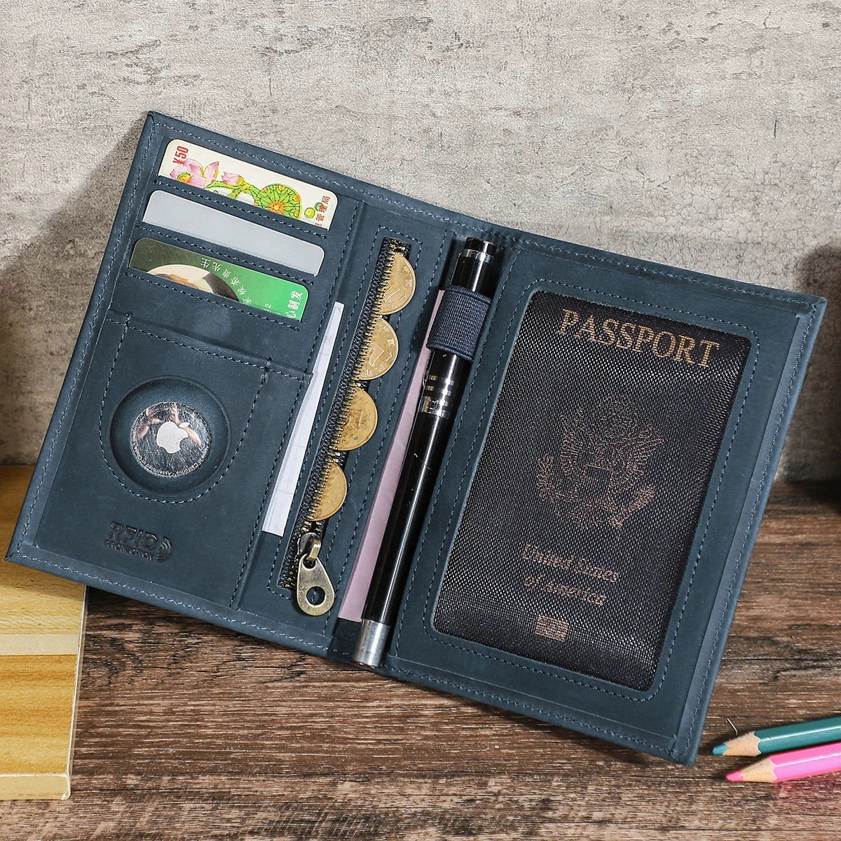 Genuine Leather Passport Wallet with AirTag Slot - Travel Organizer