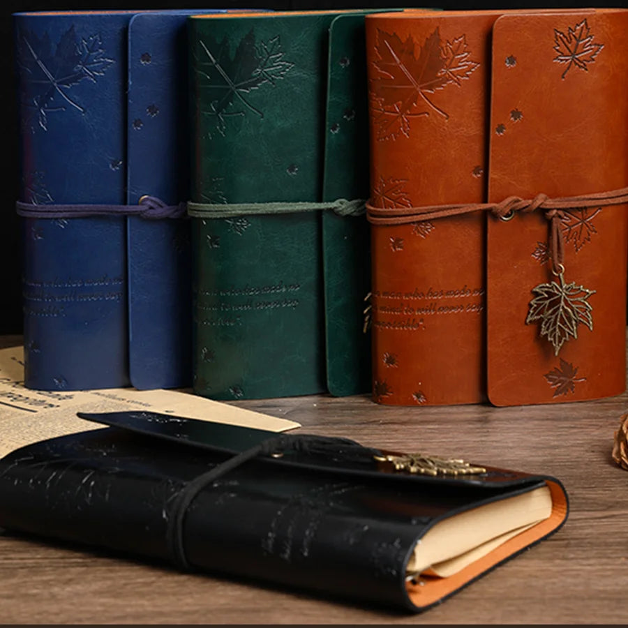 Vintage Leather Travel Journal - Spiral Ring Diary with Kraft Paper