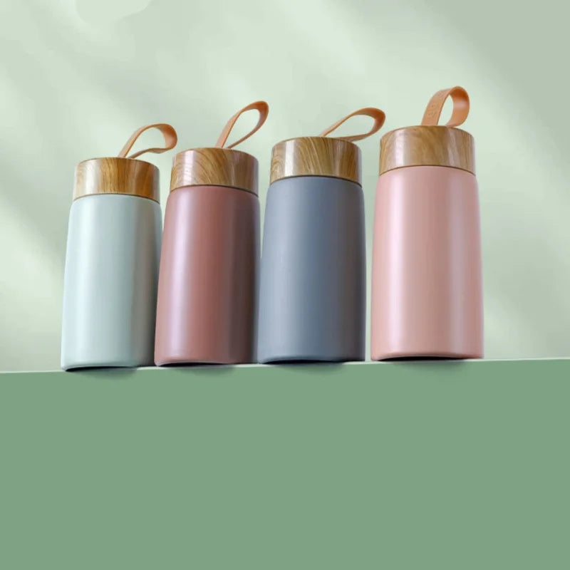 Mini Stainless Steel Thermos Cup with Wood Grain Lid - 280ml Portable Vacuum Insulated Water Bottle