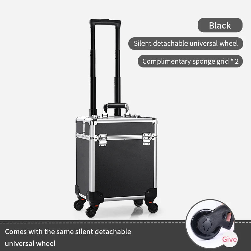 Professional Aluminum Rolling Makeup Case - Lockable Cosmetic Organizer with Trays
