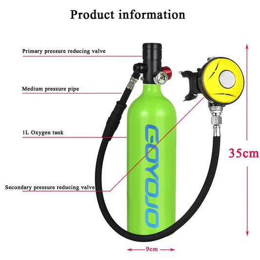 GOYOJO 1L Scuba Diving Oxygen Tank with Breathing Valve - Portable Underwater Breathing System