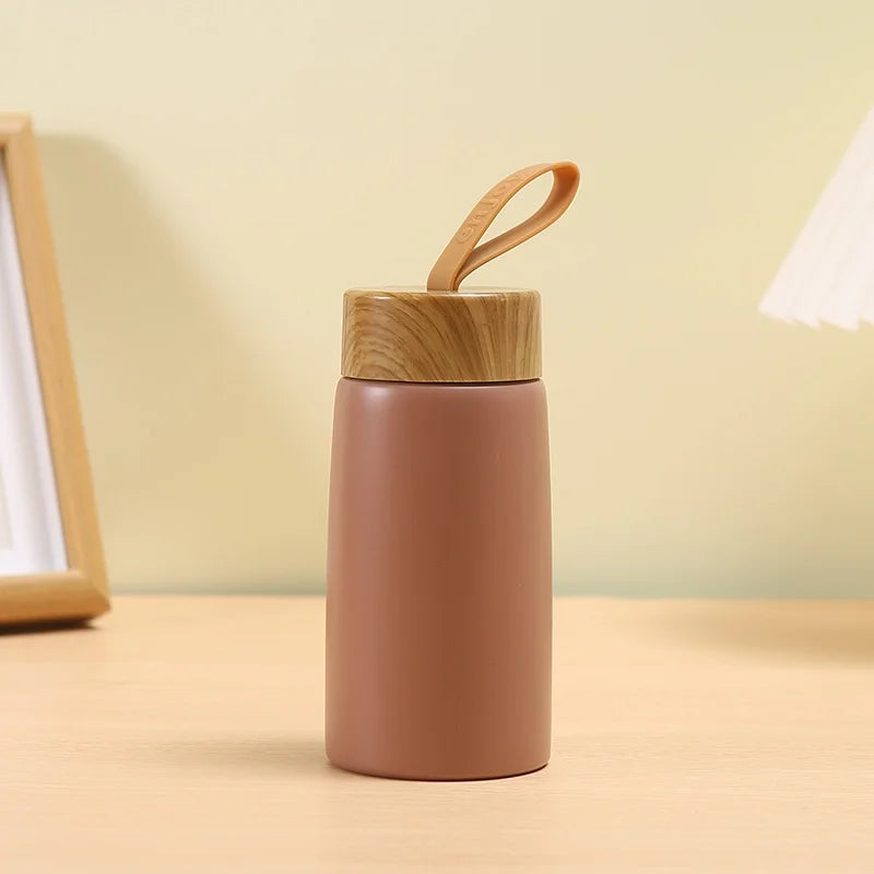Mini Stainless Steel Thermos Cup with Wood Grain Lid - 280ml Portable Vacuum Insulated Water Bottle