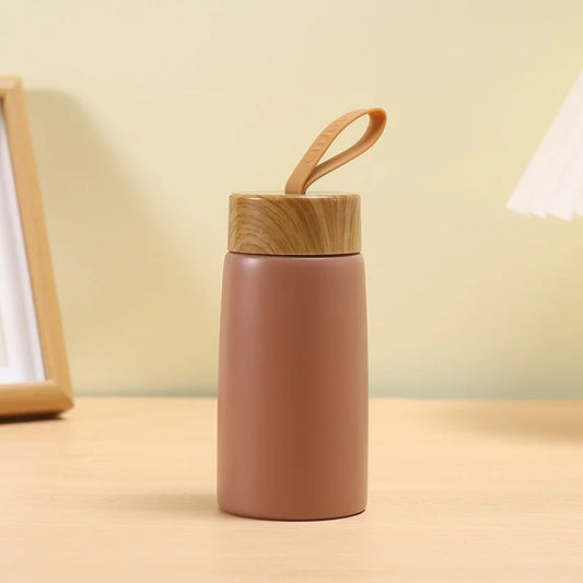 Mini Stainless Steel Thermos Cup with Wood Grain Lid - 280ml Portable Vacuum Insulated Water Bottle
