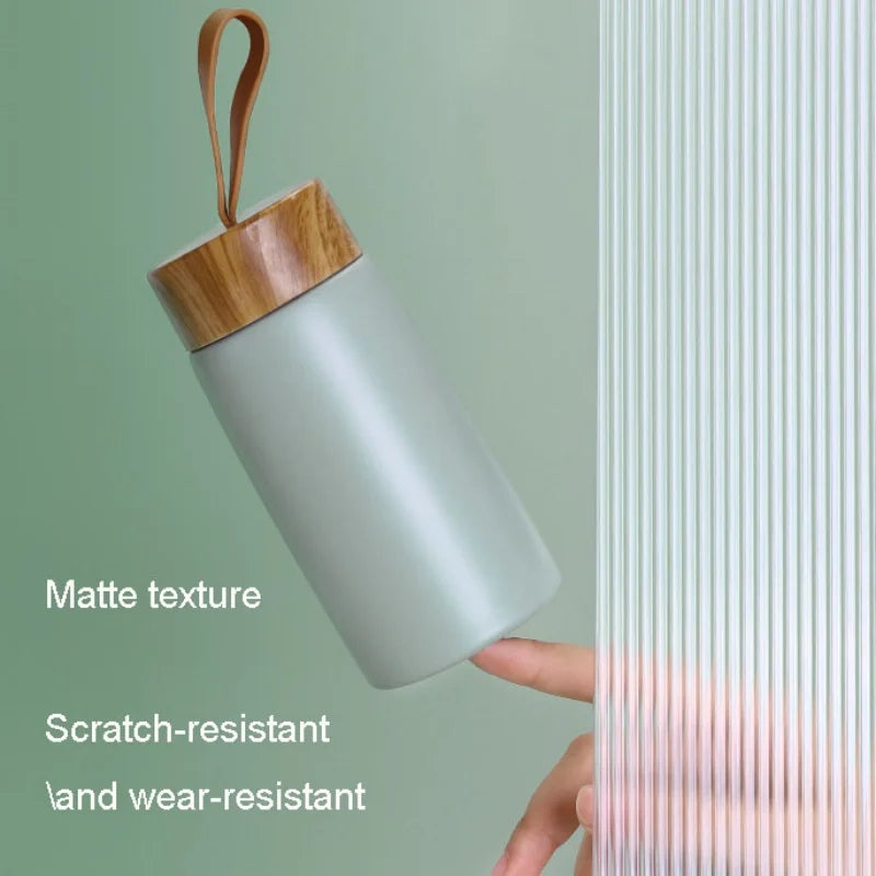 Mini Stainless Steel Thermos Cup with Wood Grain Lid - 280ml Portable Vacuum Insulated Water Bottle