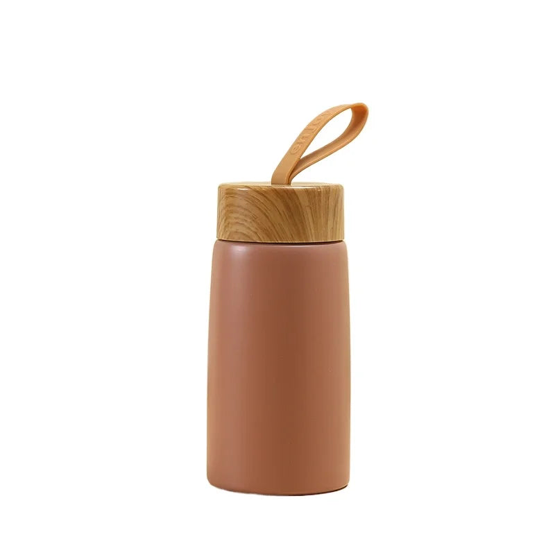 Mini Stainless Steel Thermos Cup with Wood Grain Lid - 280ml Portable Vacuum Insulated Water Bottle