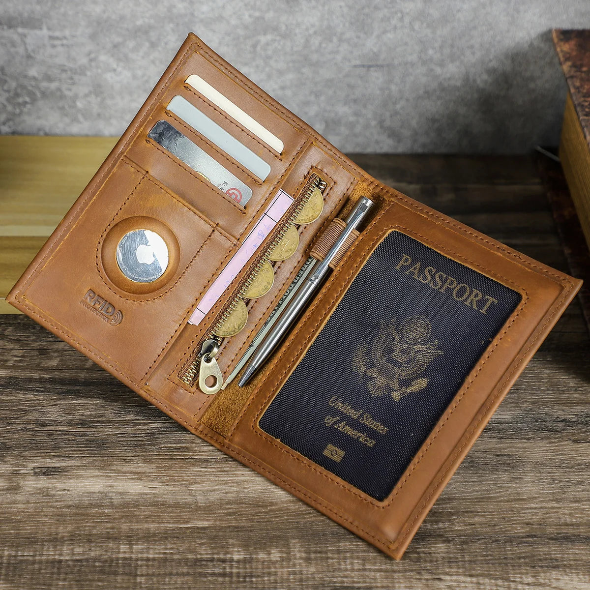 Genuine Leather Passport Wallet with AirTag Slot - Travel Organizer