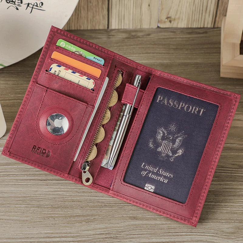 Genuine Leather Passport Wallet with AirTag Slot - Travel Organizer