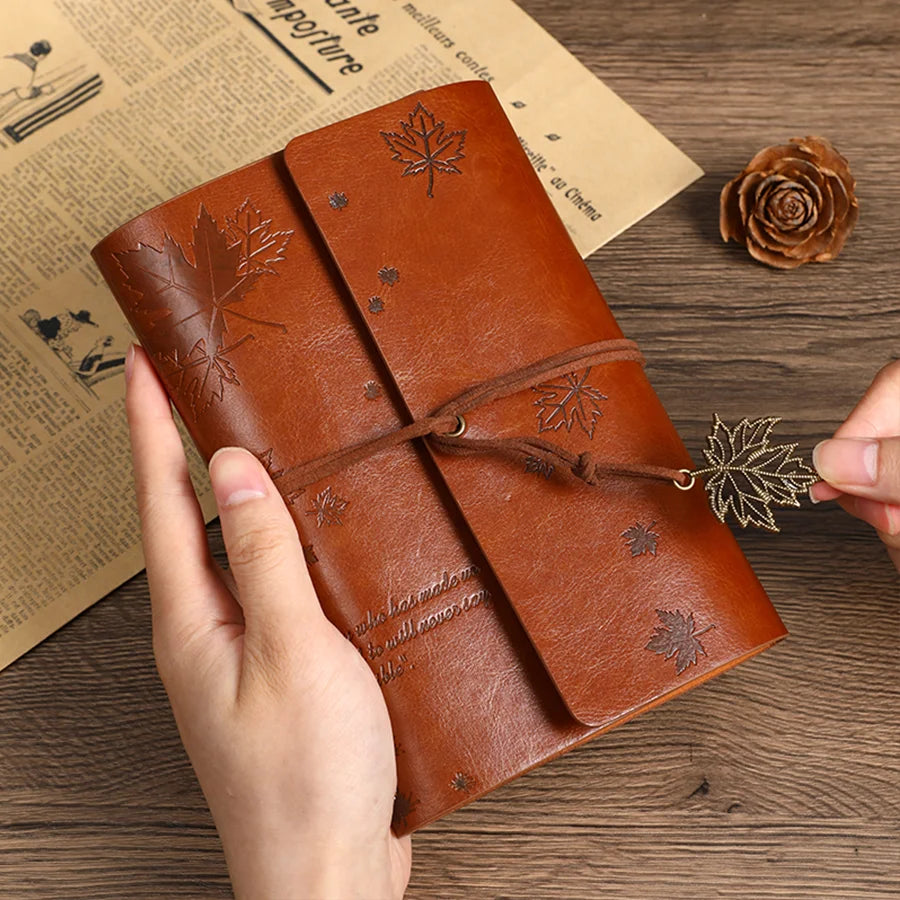 Vintage Leather Travel Journal - Spiral Ring Diary with Kraft Paper